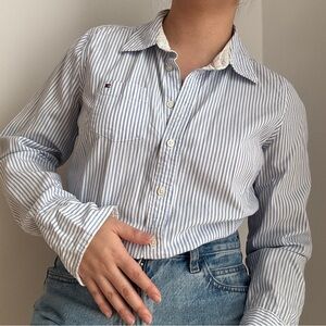 Tommy Hilfiger Light Blue and White Striped Button-Down Shirt
